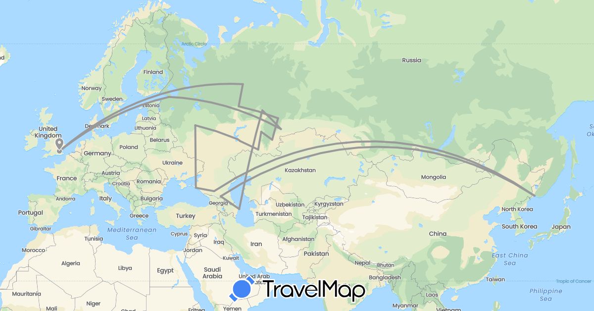 TravelMap itinerary: driving, plane in Azerbaijan, United Kingdom, Russia (Asia, Europe)